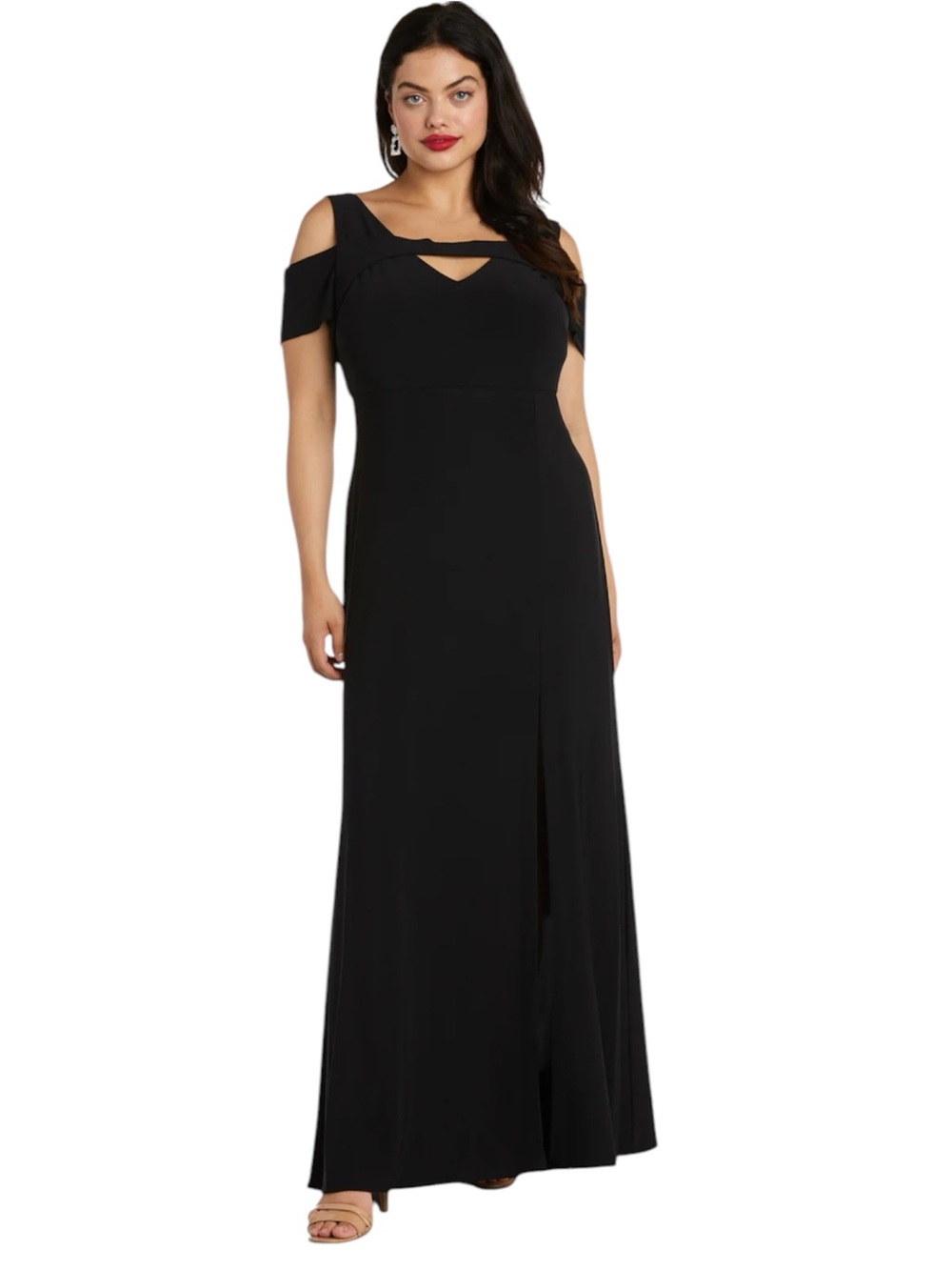 Nightway Cold-Shoulder Keyhole Maxi Gown, A-Line, Side Slit, Black, Size 12